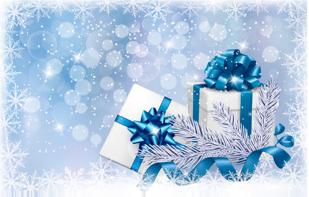 Vánoční modré pozadí s dárkové krabičky a vločku. vektor - Vektor, obrázek