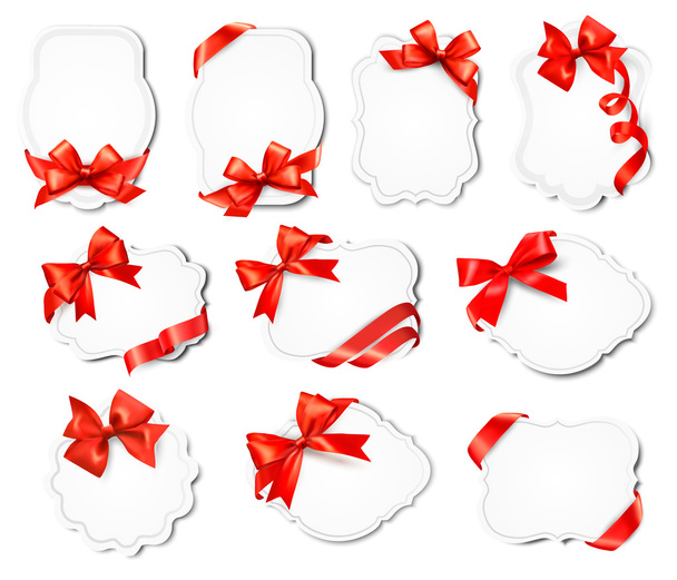 Conjunto de hermosas tarjetas con lazos de regalo rojos con cintas Vector - Vector, imagen