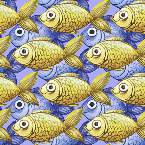 Sulu Boya Dikişsiz arka plan, sarı ve mor balık, büyük desen - Fotoğraf, Görsel