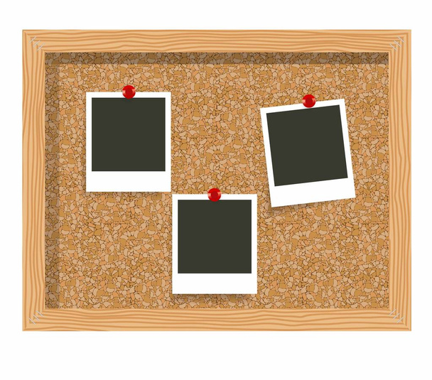 3 つの空白の枠の写真のプリント、コルク掲示板。コルク板に固定されている空白のインスタント写真 - ベクター画像