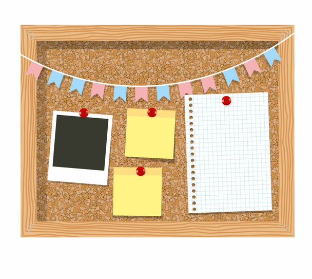 Cork board with a piece of paper in the cage for paper records, photo frames and garland of flags - Vector, Image