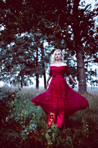 Moda hermosa mujer rubia joven en hermoso vestido rojo en un bosque de cuento de hadas. atmósfera mágica. tiro tonificante
 - Foto, Imagen