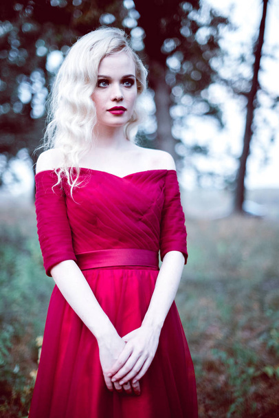 Fashion gorgeous young blonde woman in beautiful red dress in a fairy-tale forest. magic atmosphere. toning shot - Photo, Image