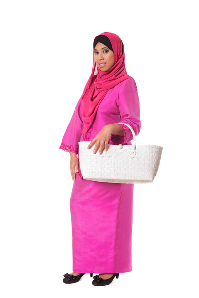 Beautiful asian muslimah woman with white wicker tote bag.Isolated - Fotoğraf, Görsel