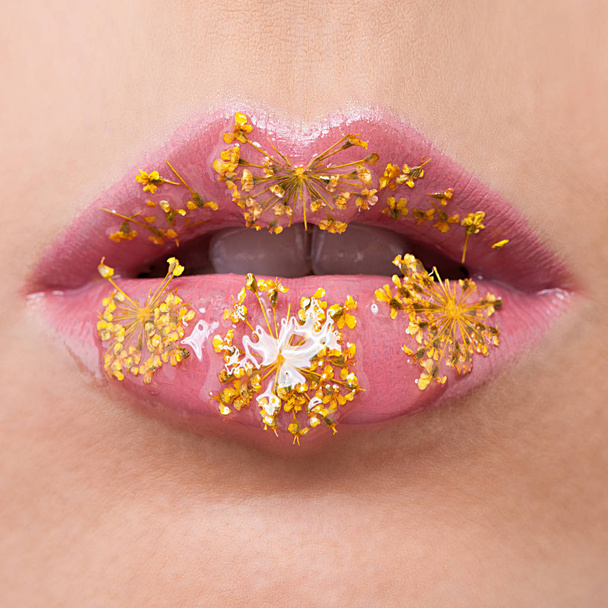 Labios rosados de verano con flores amarillas Macro. Labios femeninos con Cre
 - Foto, Imagen
