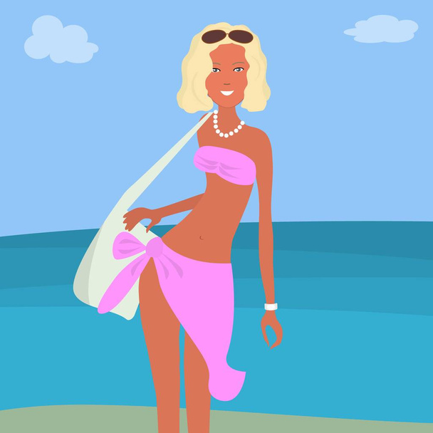 Ένα κορίτσι σε ένα κοστούμι ροζ παραλία σε ένα υπόβαθρο στη θάλασσα - Διάνυσμα, εικόνα