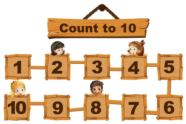 Kinder und Zahlen von eins bis zehn auf Holzbrettern - Vektor, Bild