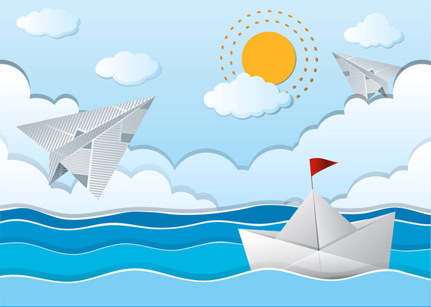 Scena oceanica con aereo di carta e barca
  - Vettoriali, immagini