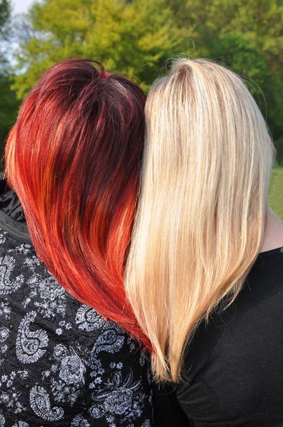 Visão traseira de duas mulheres com cabelo longo, vermelho brilhante e loiro
  - Foto, Imagem