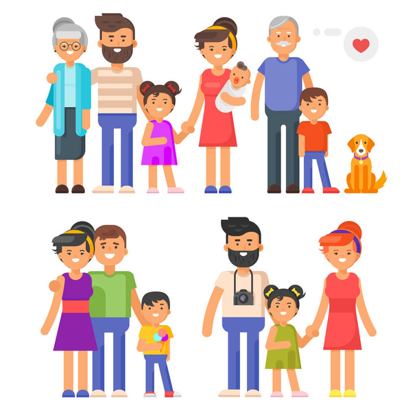 Conjunto familiar de estilo plano vectorial. Padres, abuelos, hijos
 - Vector, Imagen