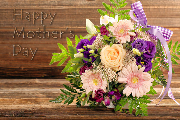 beautiful bouquet of flowers with inscription Happy Mother's Day - Photo, Image