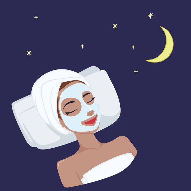 Γάλα Φυσικό νύχτα μάσκα στο πρόσωπό του όμορφη γυναίκα, σχεδιασμό εικονογράφηση διάνυσμα - Διάνυσμα, εικόνα