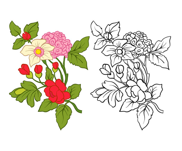Set of outline and colored vintage flowers bouquet or pattern. - Вектор, зображення