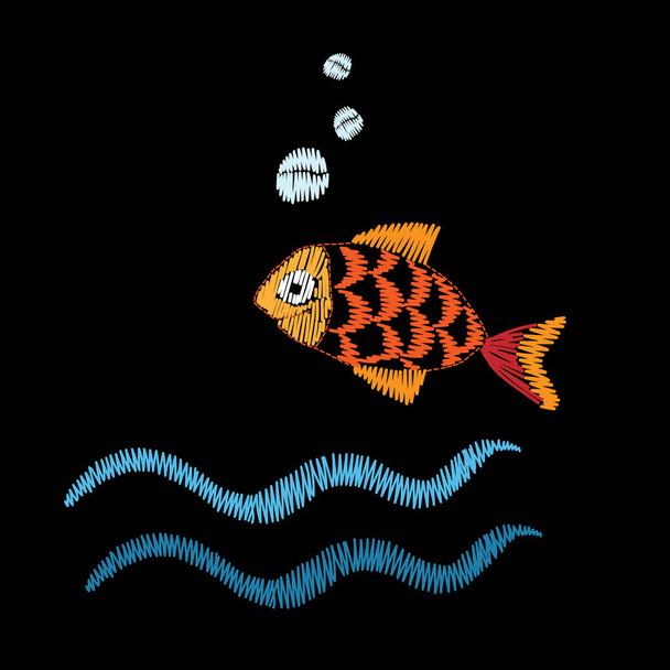 Little fish embroidery stitches imitation isolated on the black  - Vector, imagen