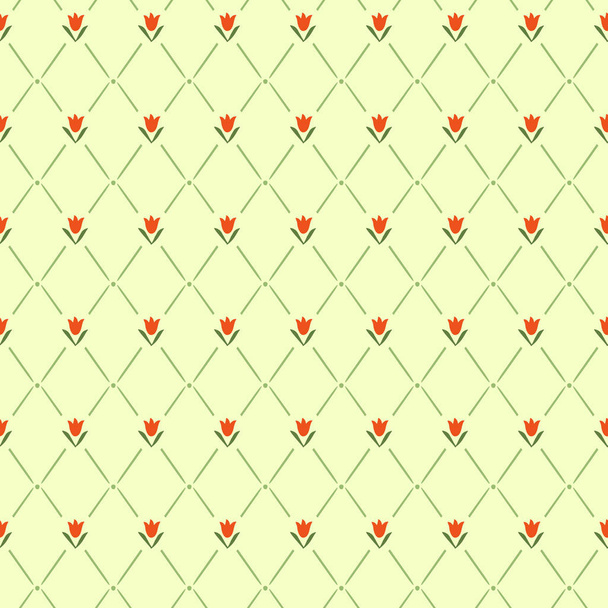 Elegant seamless pattern with rhombus and red small flower lily or tulip.  - Вектор,изображение
