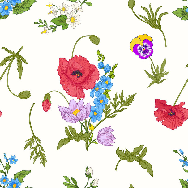 Seamless pattern with poppy flowers, daffodils, anemones, violet - Διάνυσμα, εικόνα