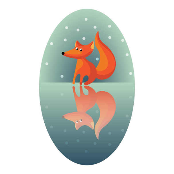 Fox in winter. Reflection. Vector color illustration in oval - Vector, Image