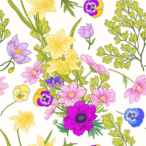 Seamless pattern with poppy flowers, daffodils, anemones, violet - Διάνυσμα, εικόνα