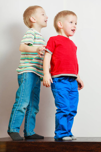 Two little boys siblings playing together on table - Foto, imagen