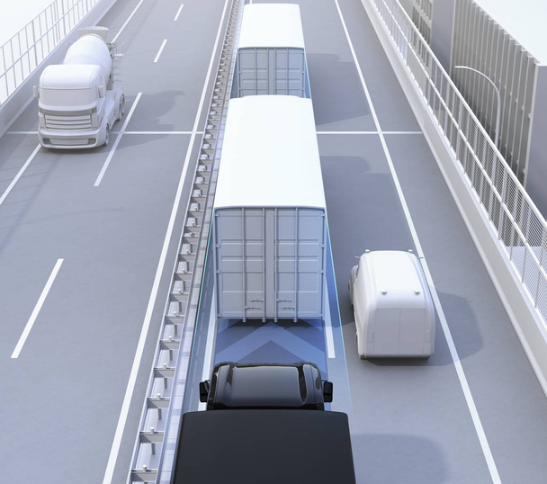 Achteraanzicht van autonome vrachtwagenpark rijden op snelweg - Foto, afbeelding