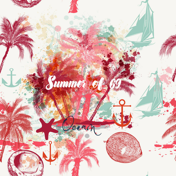 Beautiful tropical vacation pattern with pink palms and grunges. - Vektor, kép