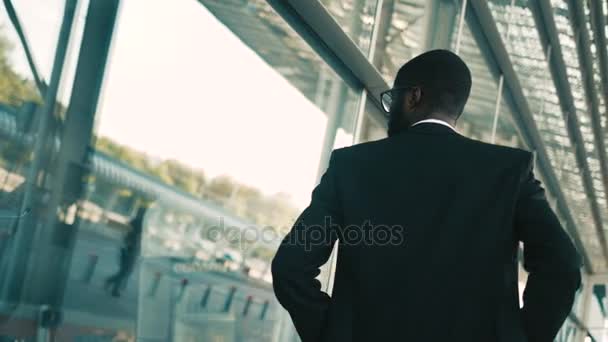 Confident african american businessman walking along big office windows outdoors. Modern building. Back view. Shot from back. Close up - Imágenes, Vídeo
