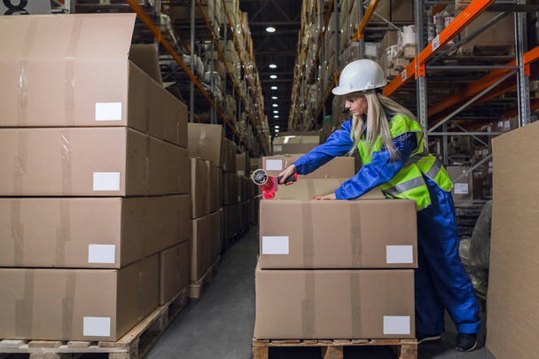 Warehouse worker packing boxes in storehouse - Photo, Image