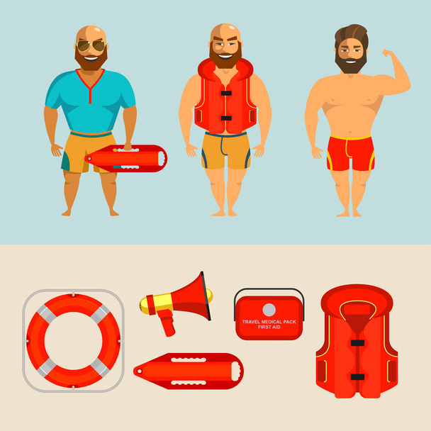 Men lifeguards on the beach. Vector illustration of a set of items of rescue equipment. - Vector, Image