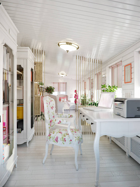 Classic Traditional Provence White and Pink Colors Veranda Home  - 写真・画像