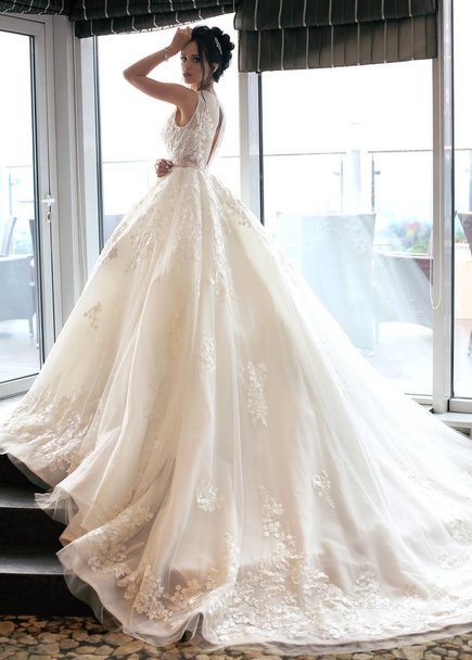 gorgeous bride with dark hair in luxurious wedding dress and acc - Photo, Image