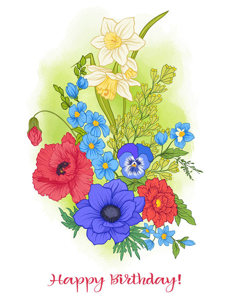 Composition with summer flowers: poppy, daffodil, anemone, viole - Вектор,изображение