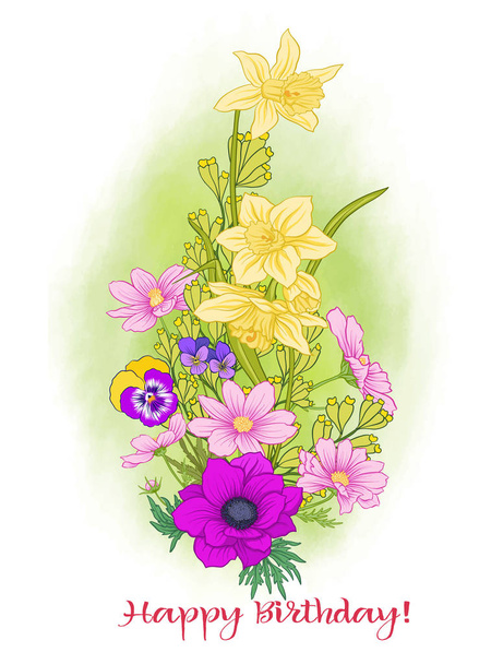 Összetétele a nyári virágok: nárcisz, anemone, mák, viole - Vektor, kép