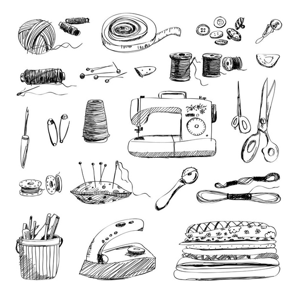 Векторный набор ручных швейных и вышивочных инструментов на белом фоне
 - Вектор,изображение