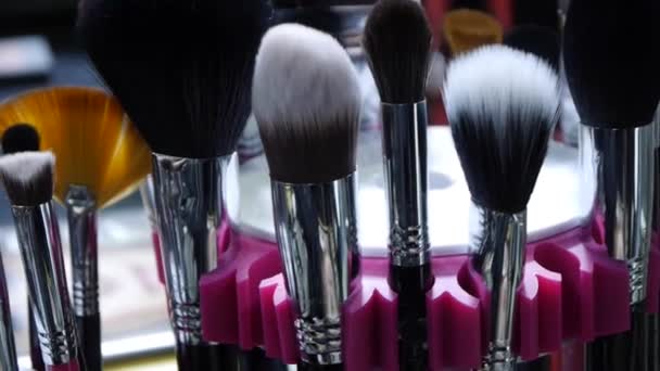 Een reeks van professionele borstels voor make-up en cosmetische doeleinden. - Video