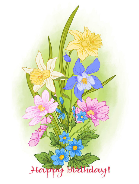 Kompozycja z kwiatów letnich: MAK, żonkil, Zawilec, viole - Wektor, obraz