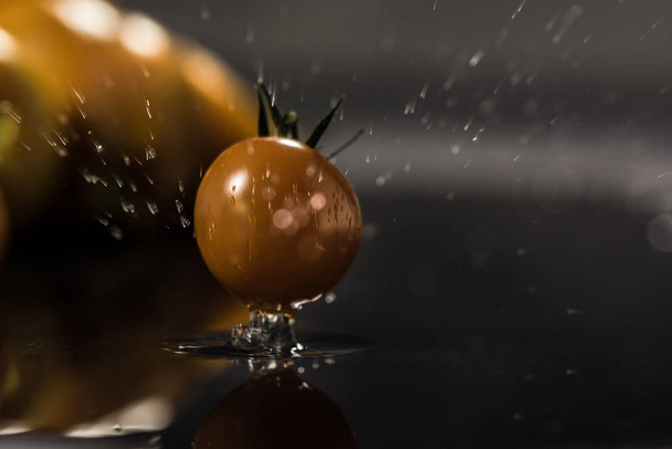  Yellow tomatoes on black background ,water drops , mirror - Foto, immagini