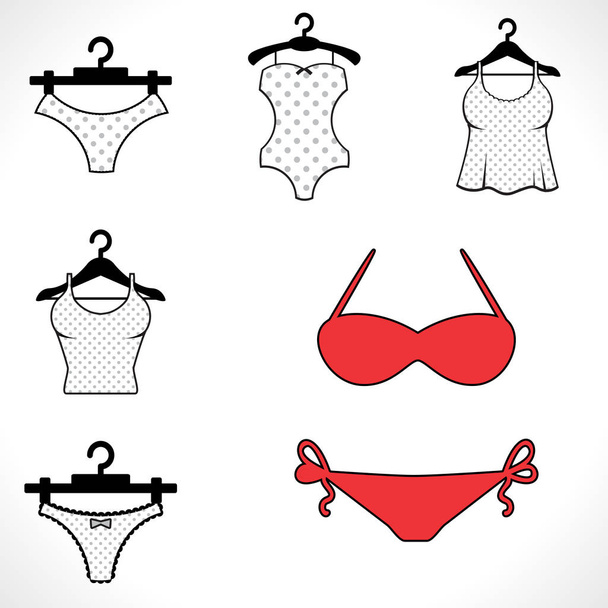 Bundle of female lingerie sets isolated on white background. Collection of  elegant undergarments, sexy underwear, bras, bikini and panties for women.  Hand drawn colorful flat vector illustrations. 35300066 Vector Art at  Vecteezy