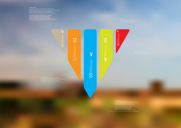 Ilustracja infografikę szablon z trójkątem pionowo podzielone na pięć części kolor pojedynczych - Wektor, obraz