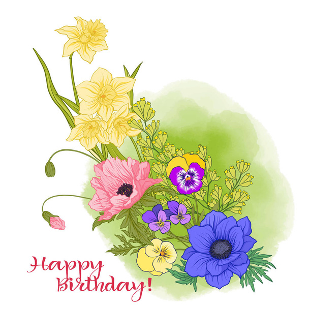 Composição com flores de verão: papoula, narciso, anêmona, viole
 - Vetor, Imagem