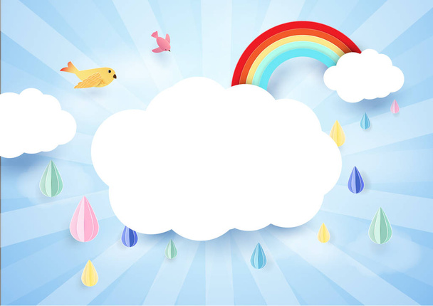 Paper art concept. Rainy and cloud with rainbow. Rainy season. - Vektor, kép