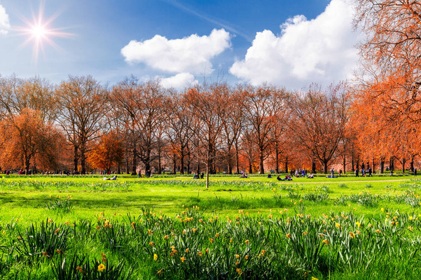 Green Park in London an einem warmen Frühlingstag. Menschen, die auf t sitzen - Foto, Bild
