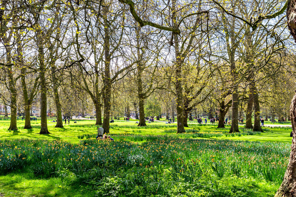 Zöld park a londoni meleg tavaszi napon. Emberek ülnek a t - Fotó, kép