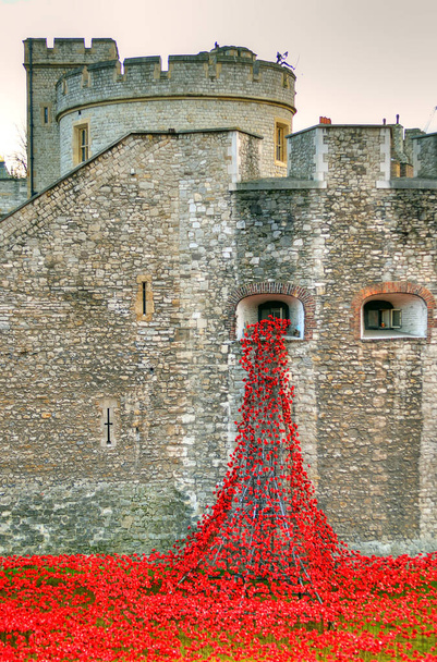 Πύργος του Λονδίνου με θάλασσα από κόκκινο παπαρούνες να θυμόμαστε των Πεσόντων του α ' Παγκοσμίου Πολέμου - 30η Αυγούστου 2014 - Λονδίνο, Ηνωμένο Βασίλειο - Φωτογραφία, εικόνα