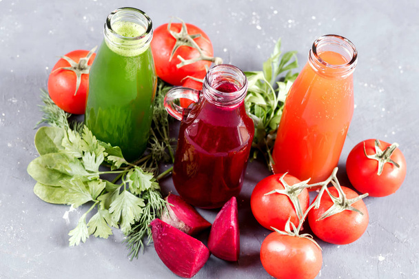 Detox diet. Healthy eating. Different colorful fresh juices Vegetables juice Top view - Fotoğraf, Görsel