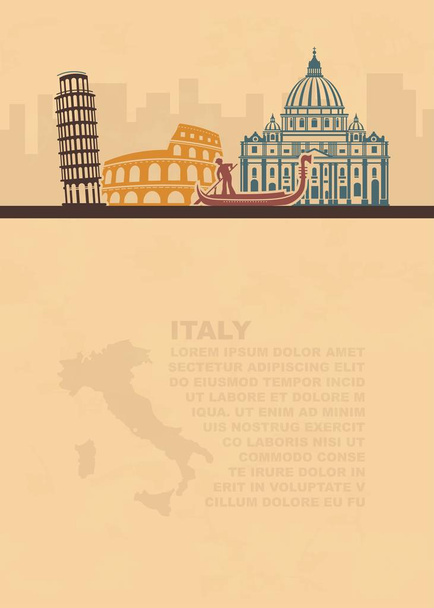 La plantilla de los folletos con un mapa y atracciones arquitectónicas de Italia sobre papel viejo
 - Vector, Imagen