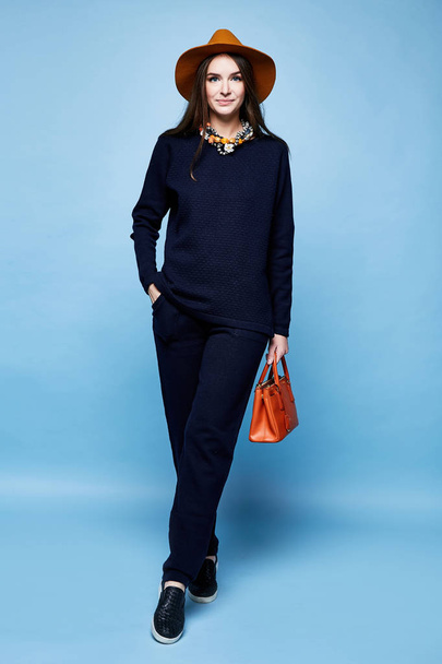 Woman fashion model glamour pose wool cashmere clothing suit pan - Фото, изображение