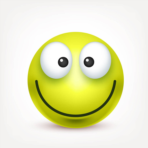 Smiley, groene gelukkig emoticon. Geel gezicht met emoties. Gelaatsuitdrukking. 3D-realistische emoji. Grappige cartoon karakter. Stemming. Web icoon. Vectorillustratie. - Vector, afbeelding