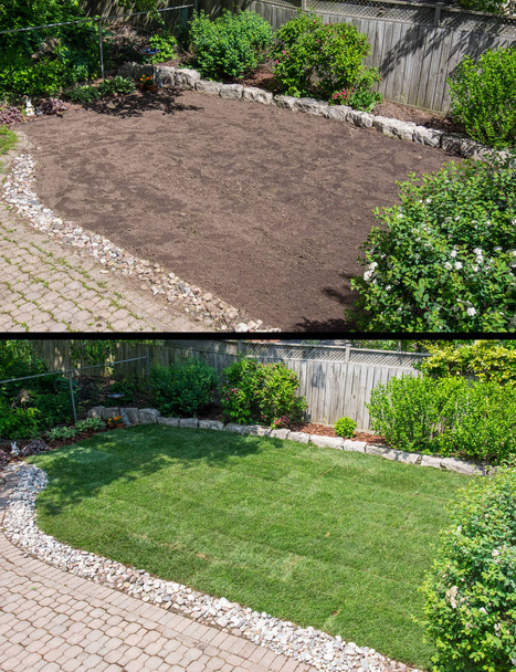 До и после закладки нового соуса в саду на заднем дворе
 - Фото, изображение