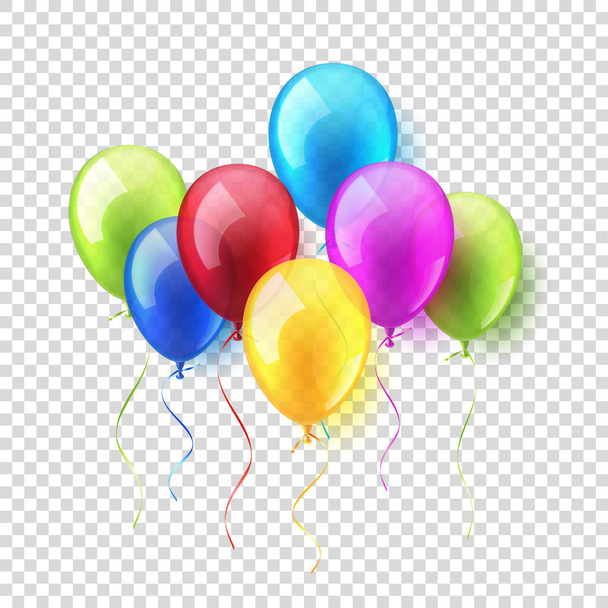 Transparent Isolated Realistic Colorful Glossy Flying Air Balloons set. Birthday party. Ribbon.Celebration. Wedding or Anniversary.Vector Illustration. - Vector, Image