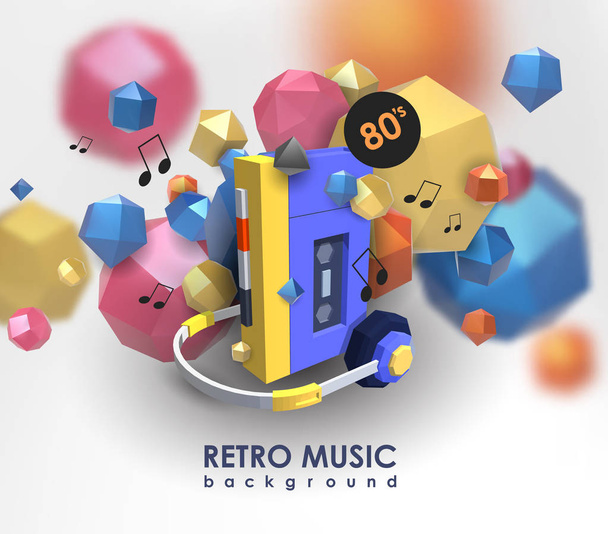 Creative background with retro cassette player. Template with music device and low poly elements. - Vector, Image